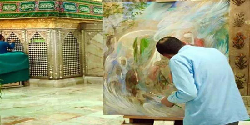 اجرای نقاشی صحنه‌ی ورود حضرت معصومه (سلام‌الله‌علیها) به قم توسط «حسن روح‌الامین»